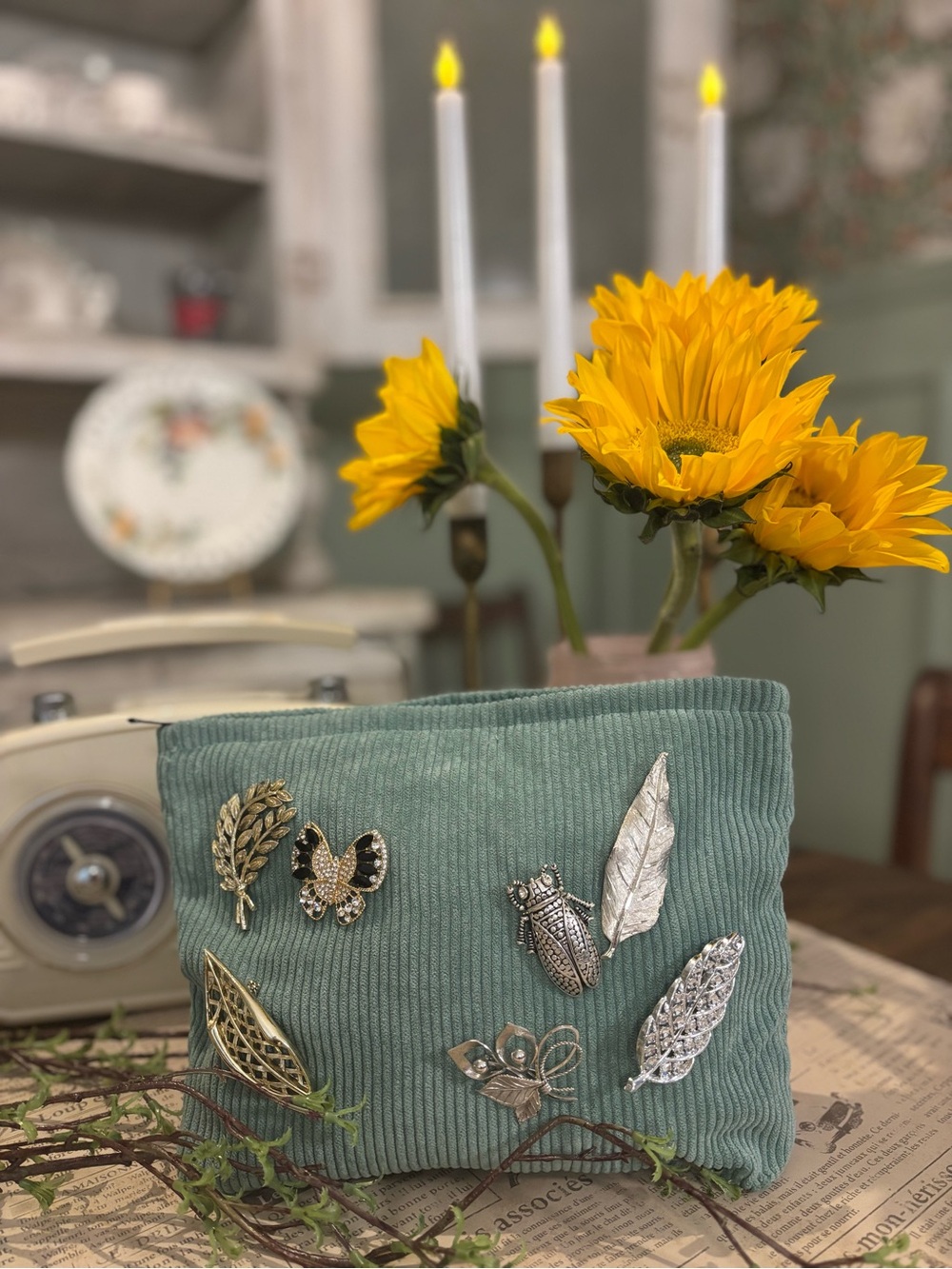 Corduroy Pouch with Gold & Silver Brooch Accents - Sage Green - Picture 4 of 4
